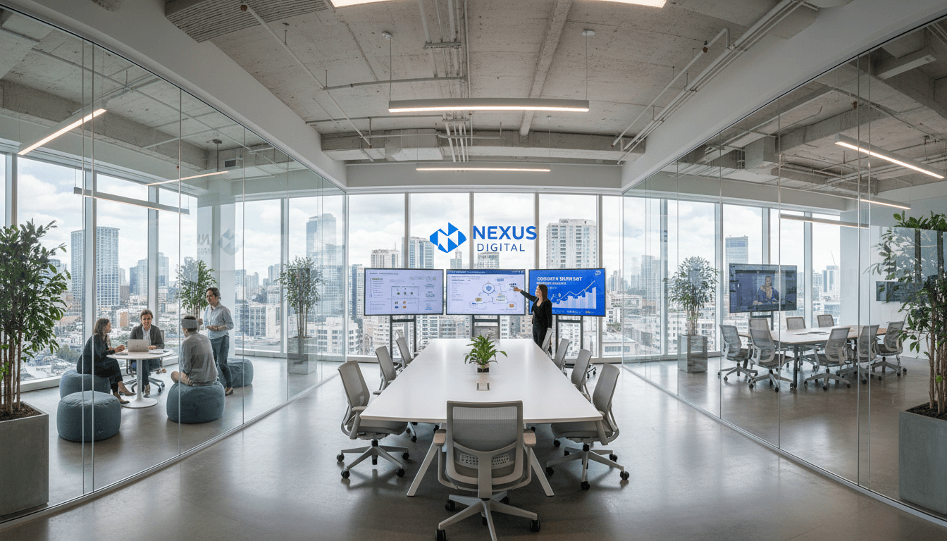 Modern digital marketing agency office interior with glass walls and workstations