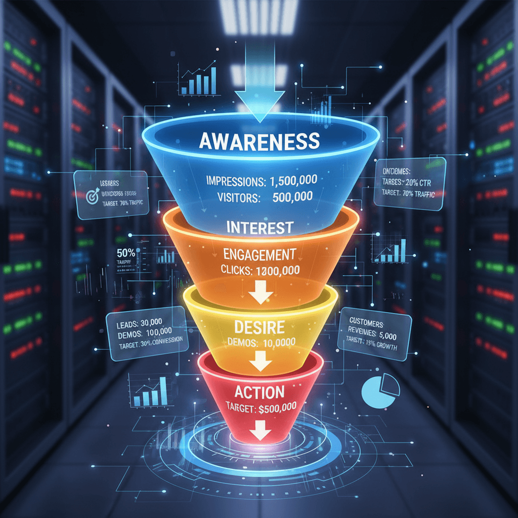 Conversion funnel visualization with metrics