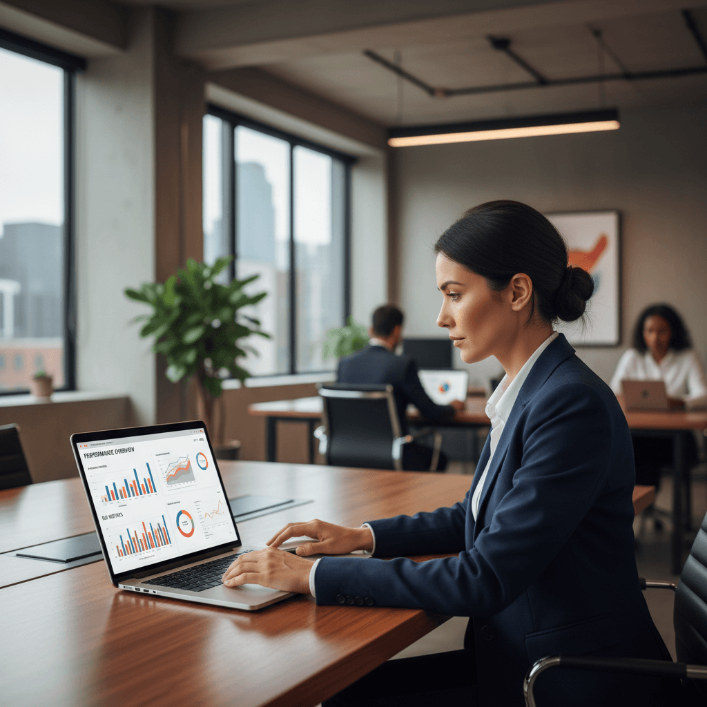 Marketing strategist reviewing data on laptop with analytics dashboard visible